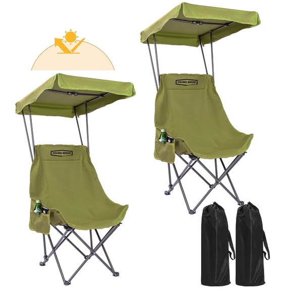 Young Wood Portable Camping Chair with Shade Canopy and Side Pocket Design, Green, 2pcs