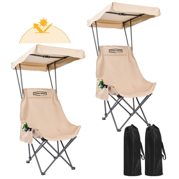 Young Wood Portable Camping Chair with Shade Canopy and Side Pocket Design, Khaki, 2pcs