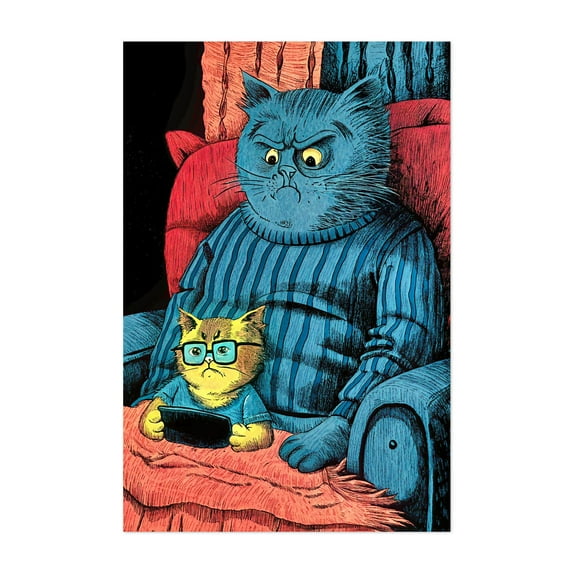 Young and older cat - Illustration Cat Humor Whimsical Animal Surrealism Pop Art Unframed Wall Art Print 20 x 28 inches