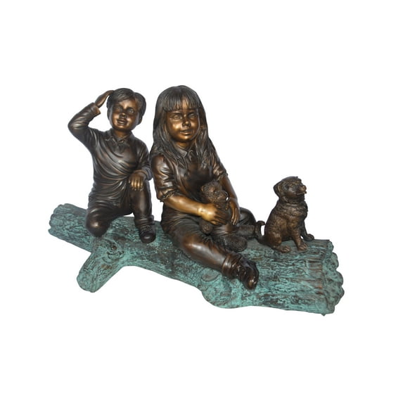 Young children and dog on a log bronze statue - Size: 40"L x 16"W x 24"H.