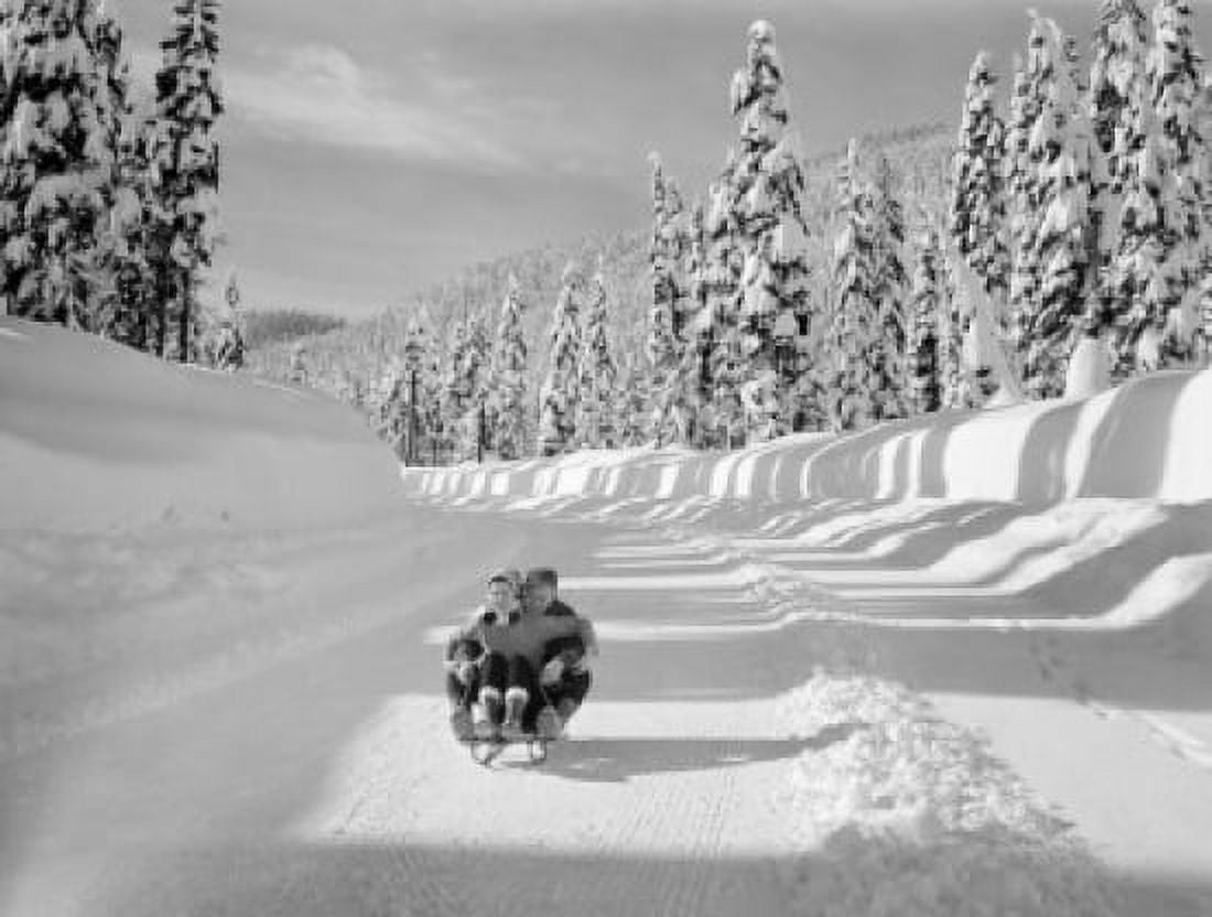 Young couple riding sledge Canvas Art -  (24 x 36)