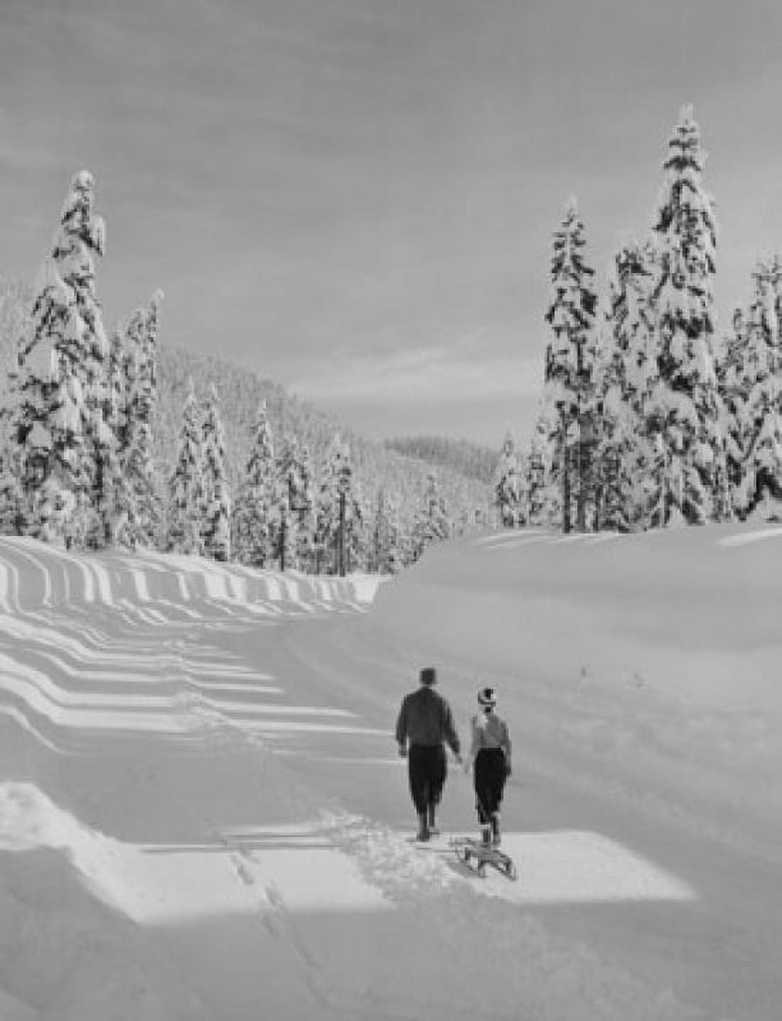 Young couple walking and pulling sled Canvas Art - (18 x 24)