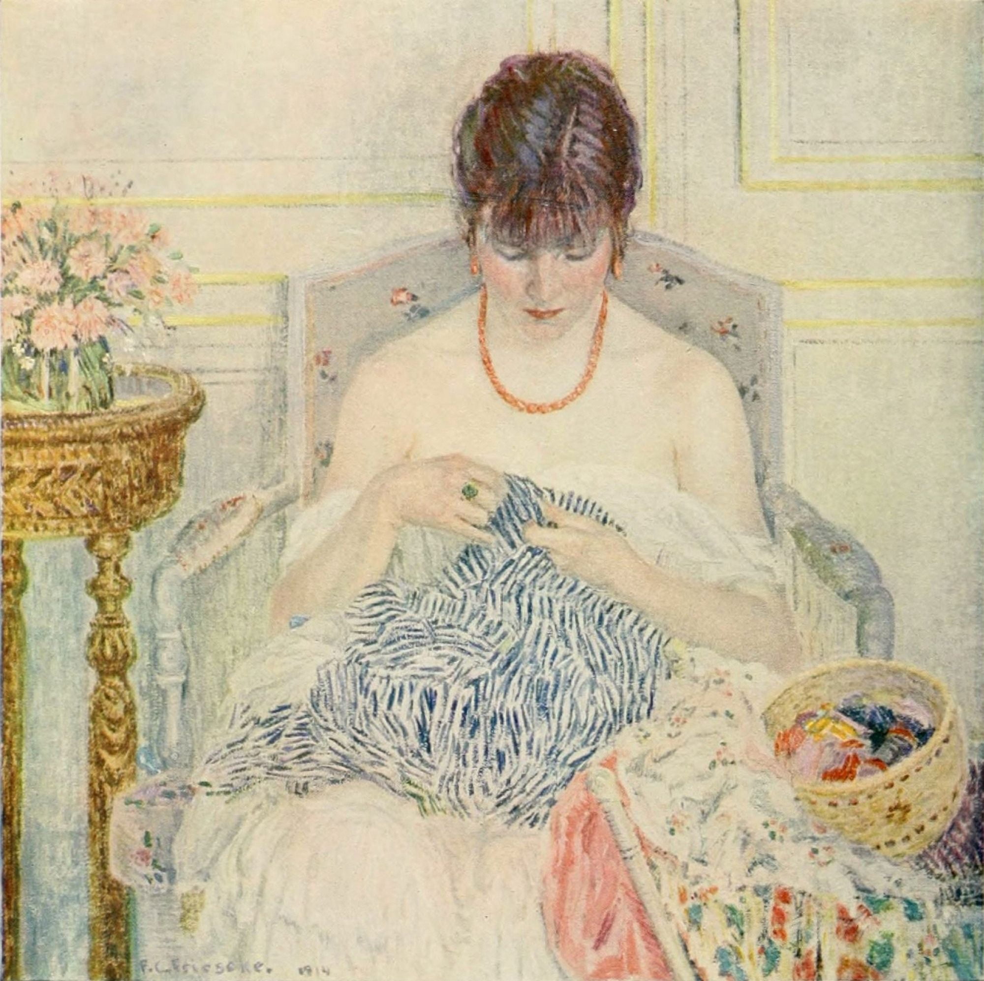 Young girl sewing Canvas Art - Frederick C Frieseke (18 x 24)
