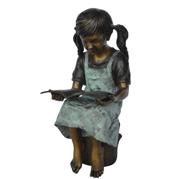 Nifao Young girl sitting and reading book bronze statue – Home Office Decor Sculpture, 16"L x 12"W x 27"H
