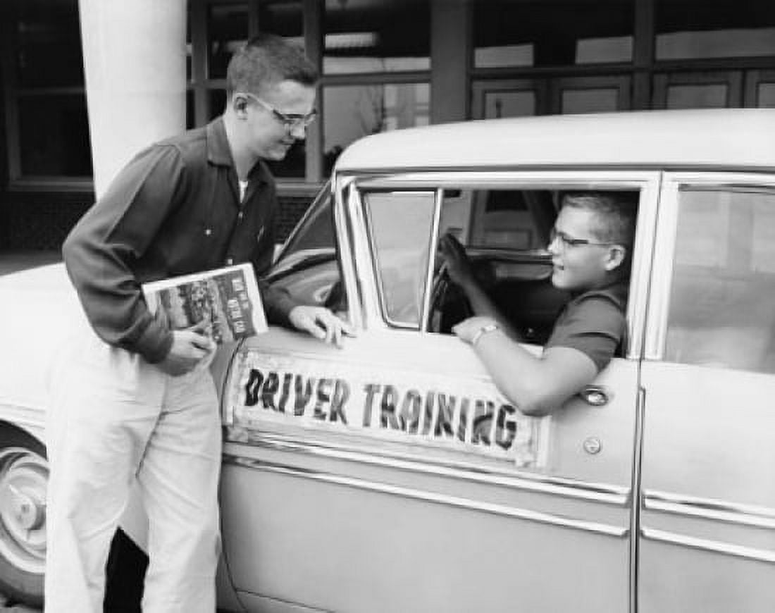 Young man talking with another young man sitting in a car Canvas Art - (18 x 24)