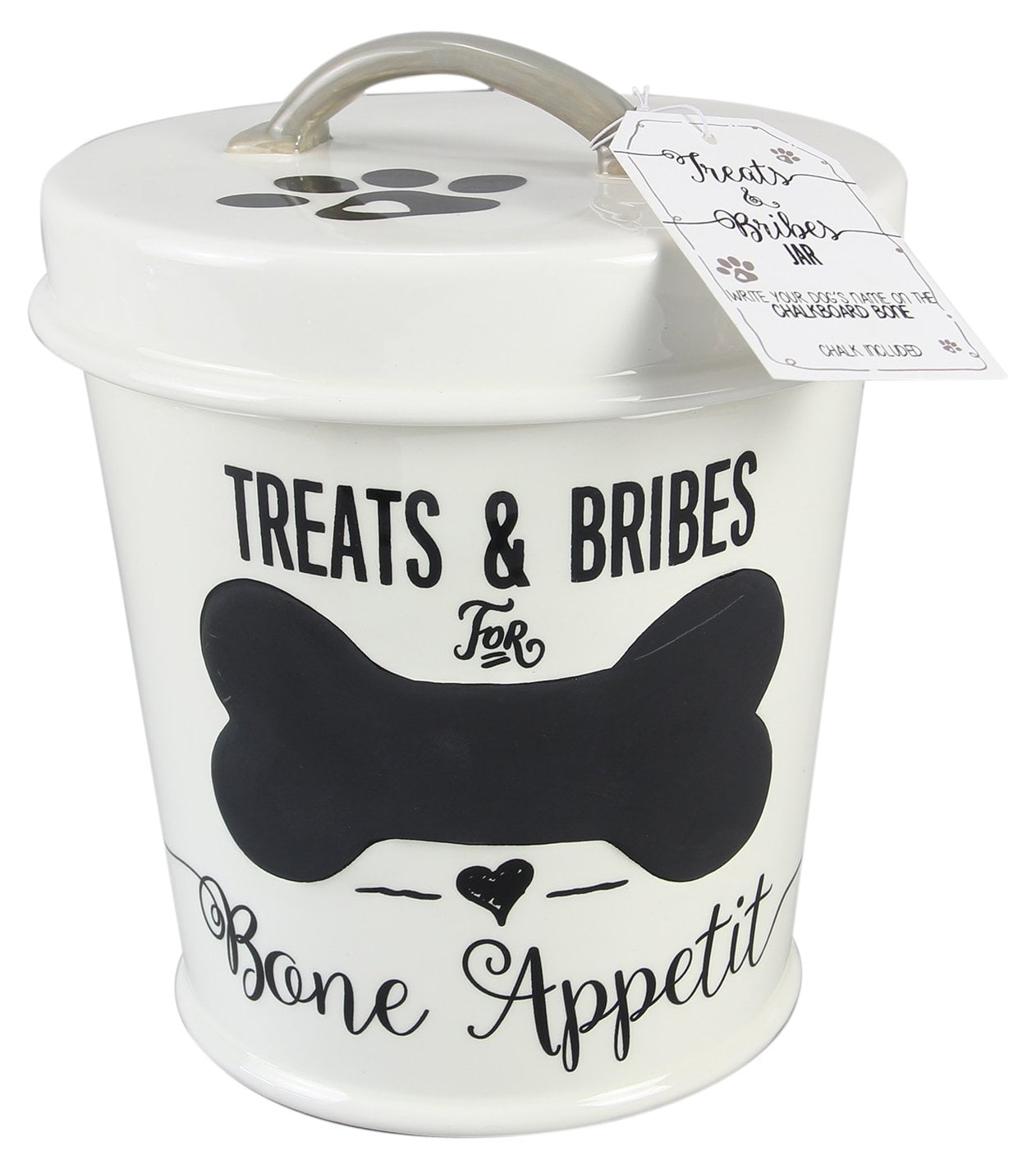 White Ceramic Dog Treat Jar with Chalkboard Bone