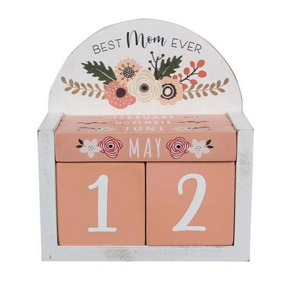 Young's Inc "Best Mom Ever" Wood Block Perpetual Calendar, White and Peach Pink