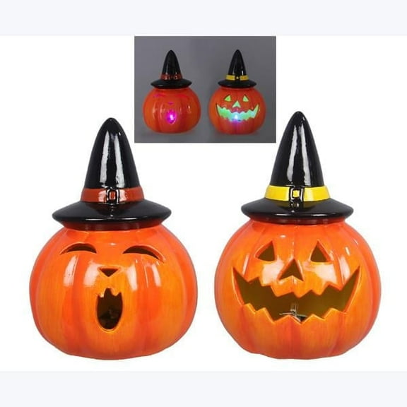 Young's Inc Ceramic Vintage Halloween Pumpkin Lanterns w/ LED/ 2 Assorted Designs