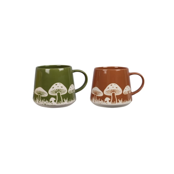 Young's Inc Stoneware Mushroom Design Mugs, Green and Terracotta, 20oz Ceramic Coffee Cups with Forest Pattern, Nature-Inspired Rustic Drinkware, Cabin Kitchen Decor, Set of 2, 3.9 x 3.9 Inch