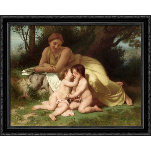 Young woman contemplating two embracing children 34x28 Large Black Ornate Wood Framed Canvas Art by William Adolphe Bouguereau