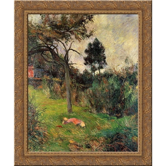Young woman lying in a grass 24x20 Gold Ornate Wood Framed Canvas Art by Paul Gauguin