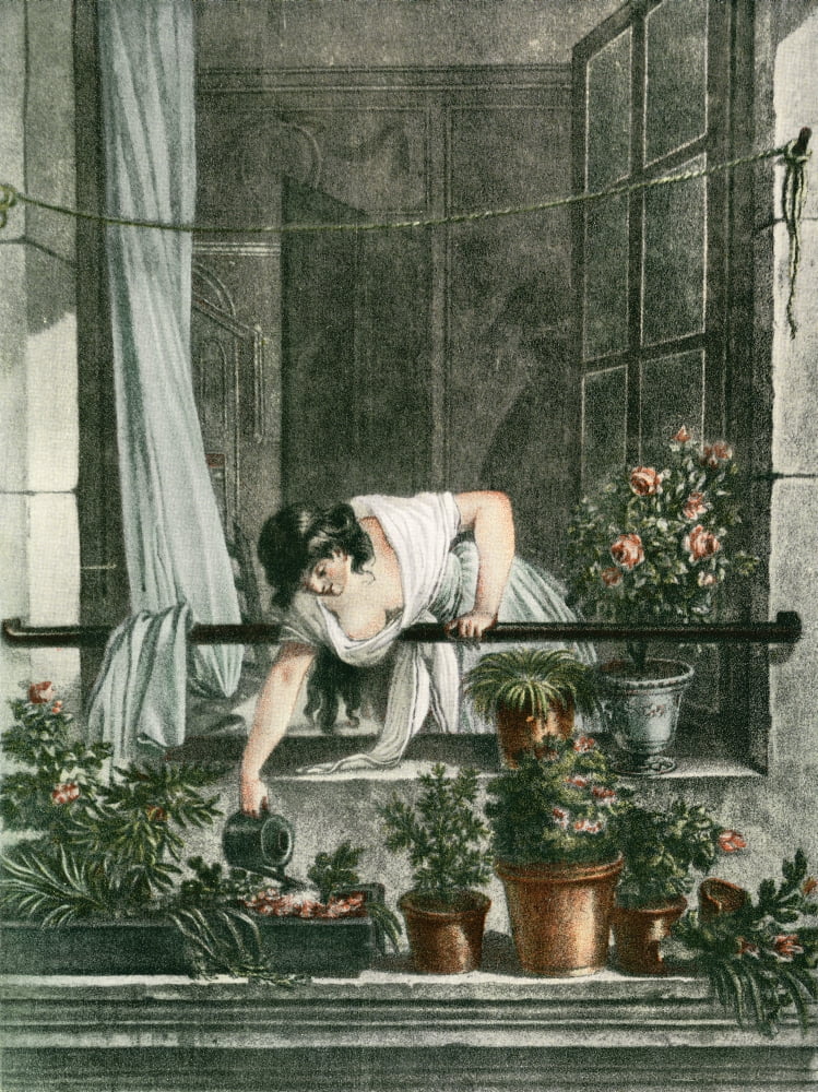Young woman watering plants on her balcony From Illustrierte Sittengeschichte vom Mittelalter bis zur Gegenwart by Eduard Fuchs published 1909 Canvas Art - Ken Welsh Design Pics (24 x 32)
