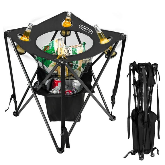 Young wood Foldable Party Table with Temperature Control Bag and Cup Holder, Big Snack Holder, Khaki