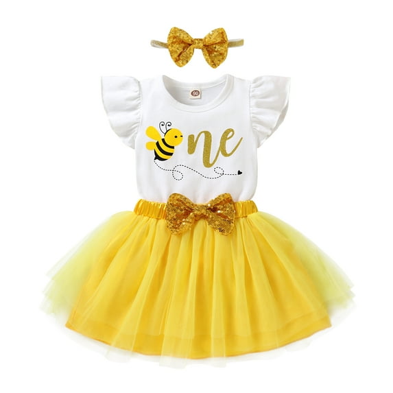 Younger Tree 1st Birthday Girl Outfit Baby Bee Short Sleeve Romper Top Tutu Princess Skirt Clothes Set for 12-18 Months