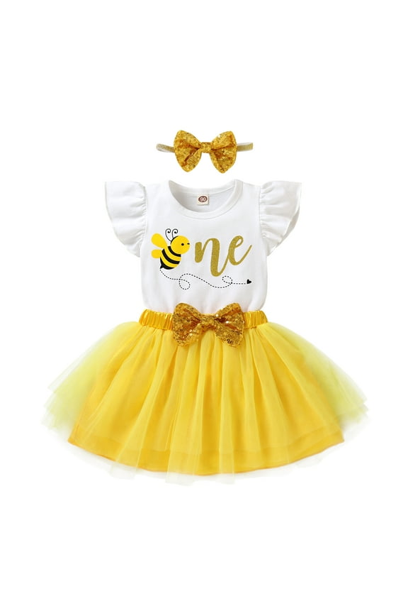 1st Birthday Girl Outfit Baby Bee Short Sleeve Romper Top Tutu Princess Skirt Clothes Set for 12-18 Months