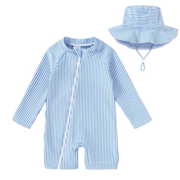Younger Tree Baby Boys Swimsuit Toddler Long Sleeve Rash Guard Swimwear One Piece Zipper Bathing Suit with Hat,Size 2-3T