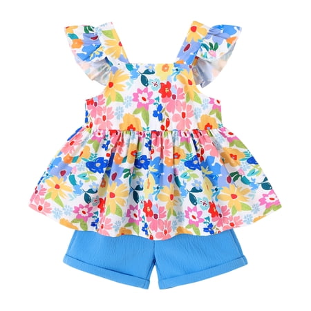 Younger Tree Baby Girl Clothes Outfits Summer Sleeveless Ruffle Bowknot Dress Top Shorts Set 2PCS for 5-6T