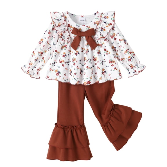 Younger Tree Toddler Girl Fall Clothes Outfit Long Sleeve Ruffle Bow Top Flare Pants Set for 2-3T