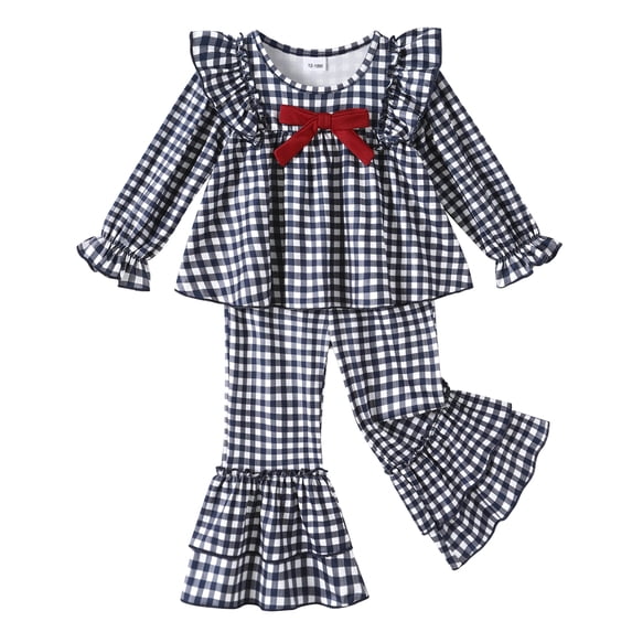 Younger Tree Toddler Girl Fall Clothes Outfit Long Sleeve Ruffle Bow Top Flare Pants Set for 3-4T
