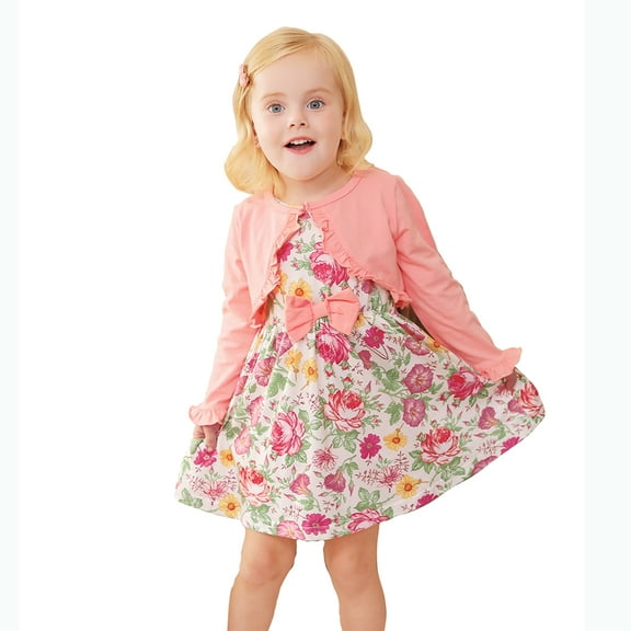 Younger Tree Baby Girl Fall Dresses Cardigan 2PCS Clothes Set Floral Print Sleeveless Sundress and Long Sleeve Coat Sets for 12-18 Months