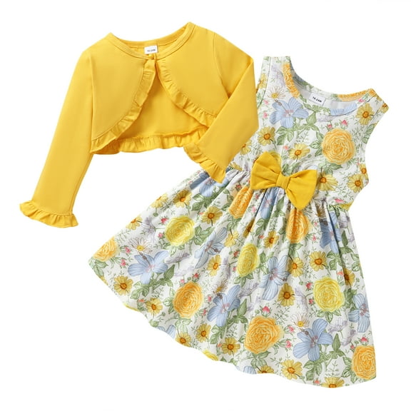 Younger Tree Baby Girl Fall Dresses Cardigan 2PCS Clothes Set Floral Print Sleeveless Sundress and Long Sleeve Coat Sets for 2-3T