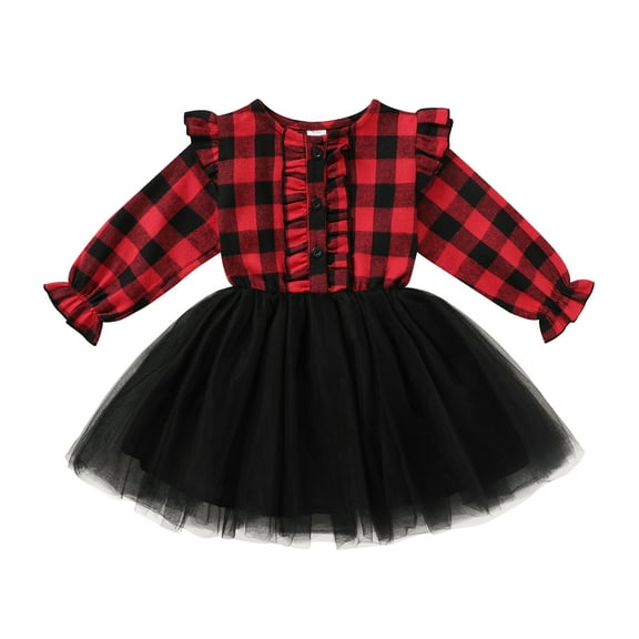Younger Tree Baby Girl Fall Winter Christmas Long Sleeve Plaid Mesh Dress Skirt Outfits Overall Clothes,2-3T