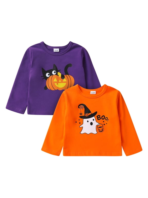 Toddler Girl Halloween Shirts 2 Pack Little Kid Long Sleeve Cute Cotton Top School T-Shirts Clothes for 5-6T
