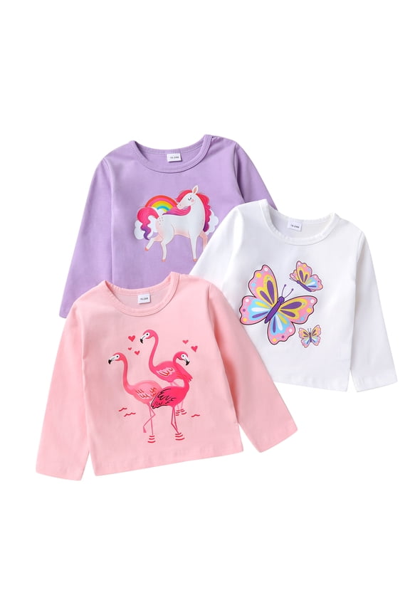 Toddler Girl Shirts 3 Pack Little Kid Long Sleeve Cute Cotton Top School T-Shirts Clothes for 4-5T
