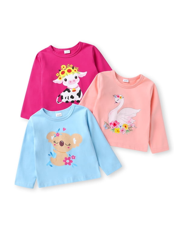 Toddler Girl Shirts 3 Pack Little Kid Long Sleeve Cute Cotton Top School T-Shirts Clothes for 5-6T