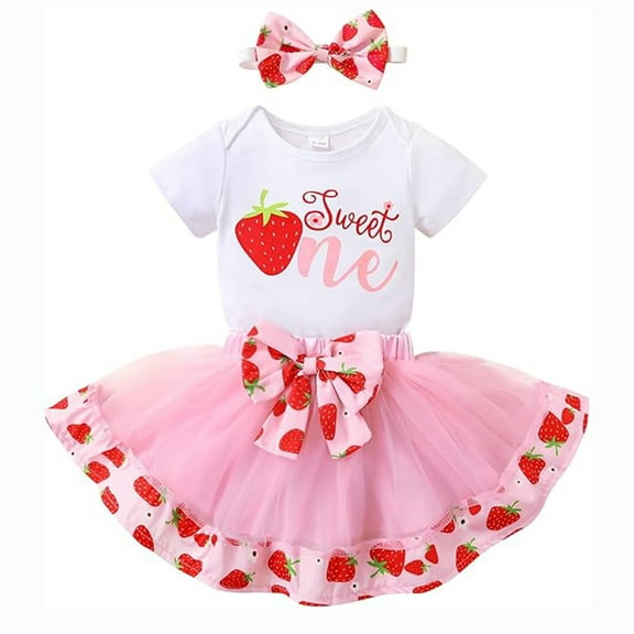 Younger Tree Baby Girl My First Birthday Outfit Short Sleeve Cute Berry Top Princess Tutu Skirt Set for 6-12 Months