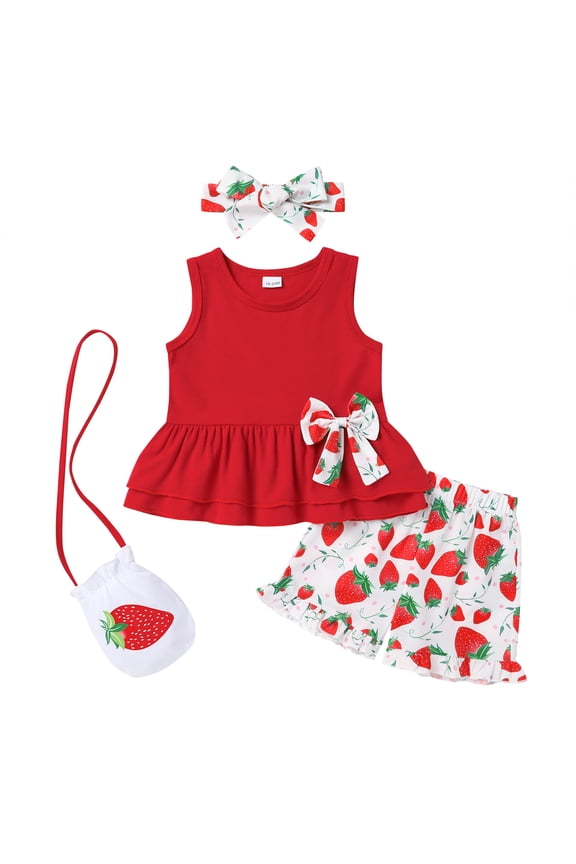 Baby Girl Outfits Summer Sleeveless Bow Vest Top Print Shorts Clothes Set with Bag and Headband for 2-3T