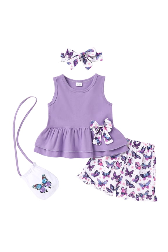 Baby Girl Outfits Summer Sleeveless Bow Vest Top Print Shorts Clothes Set with Bag and Headband for 4-5T
