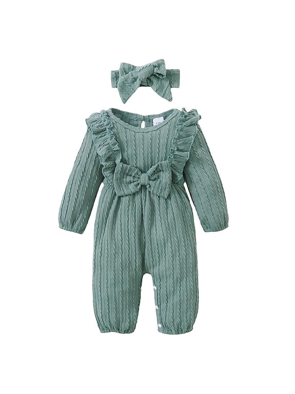 Baby Girl Romper Infant Fall Winter Clothes Ruffle Sweater Long Sleeve Bodysuit Jumpsuit and Headband for 3-6 Months