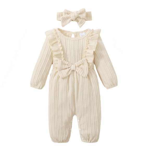 Younger Tree Baby Girl Romper Infant Fall Winter Clothes Ruffle Sweater Long Sleeve Bodysuit Jumpsuit and Headband for 3-6 Months