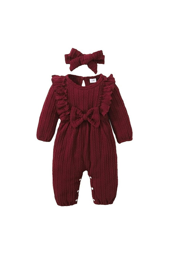 Baby Girl Romper Infant Fall Winter Clothes Ruffle Sweater Long Sleeve Bodysuit Jumpsuit and Headband for 9-12 Months