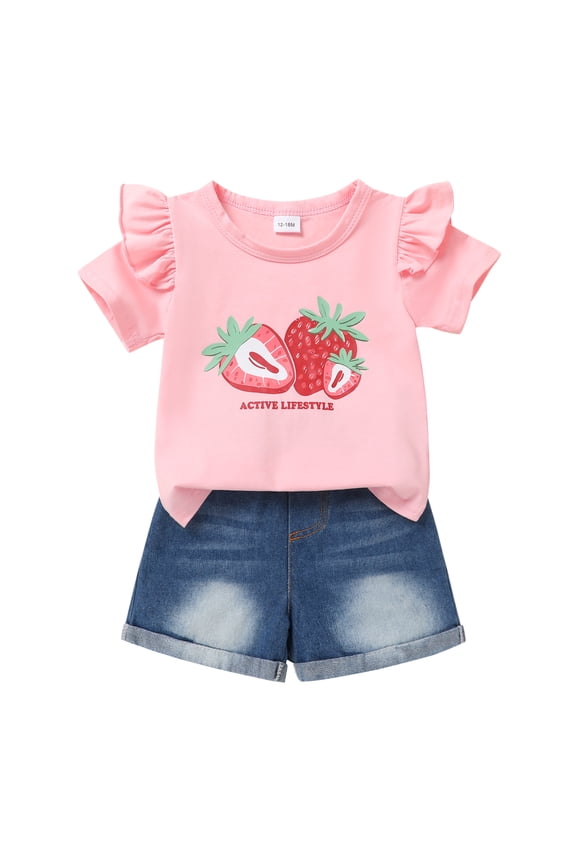 Baby Girl Shorts Outfit Kid Summer Print T-Shirt Denim Shorts Clothes Set for 12-18 Months