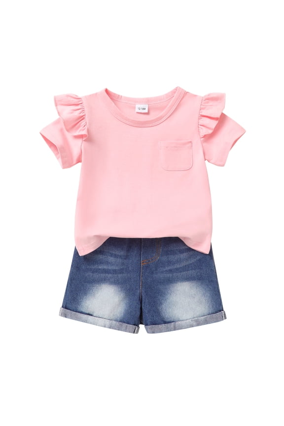 Baby Girl Shorts Outfit Kid Summer Print T-Shirt Denim Shorts Clothes Set for 18-24 Months
