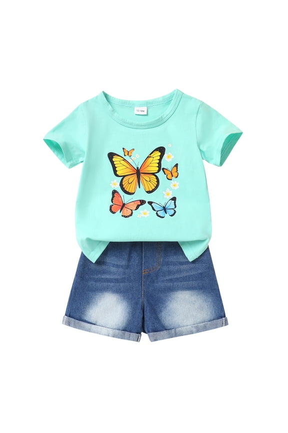 Baby Girl Shorts Outfit Kid Summer Print T-Shirt Denim Shorts Clothes Set for 2-3T