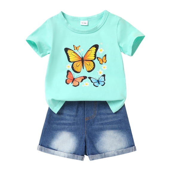 Younger Tree Baby Girl Shorts Outfit Kid Summer Print T-Shirt Denim Shorts Clothes Set for 3-4T