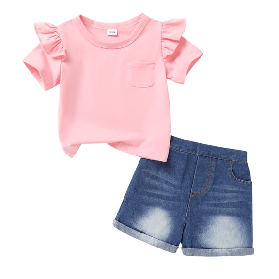Younger Tree Baby Girl Shorts Outfit Kid Summer Print T-Shirt Denim Shorts Clothes Set for 3-4T
