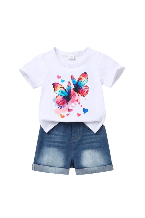 Baby Girl Shorts Outfit Kid Summer Print T-Shirt Denim Shorts Clothes Set for 4-5T