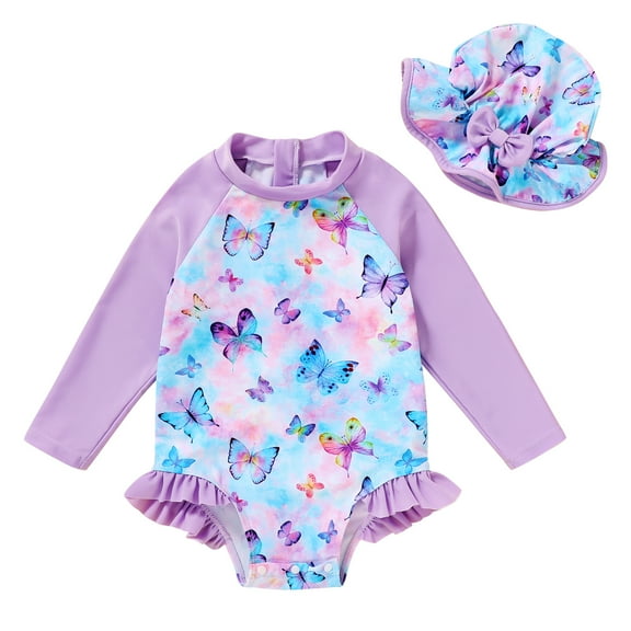 Younger Tree Baby Girl Swimsuit Long Sleeve Rash Guard One Piece Swimwear Hat Bathing Suit Set for 0-3 Months