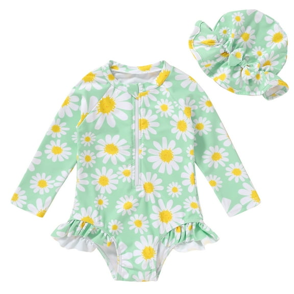 Younger Tree Baby Girl Swimsuit Long Sleeve Rash Guard One Piece Swimwear Hat Bathing Suit Set for 0-3 Months