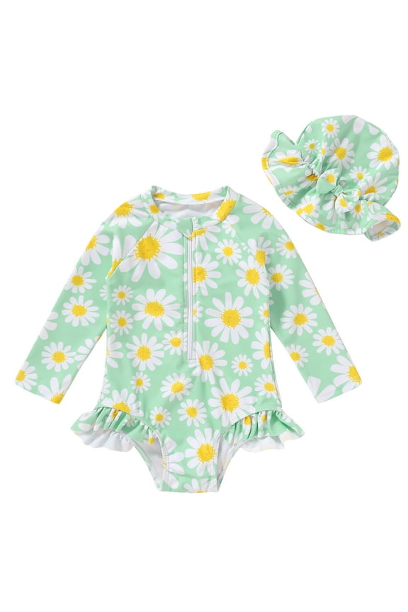 Baby Girl Swimsuit Long Sleeve Rash Guard One Piece Swimwear Hat Bathing Suit Set for 6-12 Months