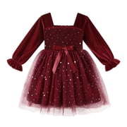 Younger Tree Baby Girl Tutu Dress Toddler Fall Long Sleeve Square Neck Bowknot Princess Birthday Party Dresses for 2-3T