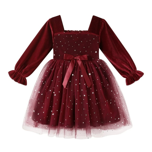 Younger Tree Baby Girl Tutu Dress Toddler Fall Long Sleeve Square Neck Bowknot Princess Birthday Party Dresses for 3-4T