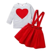 Younger Tree Baby Girl Valentine's Day Dress Outfit Kid Long Sleeve Dot Heart Top Suspender Strap Red Skirts Clothes Set for 3-4T