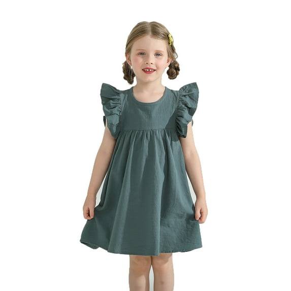 Younger Tree Baby Girls Casual Dress Kid Cotton Linen Ruffle Sleeveless Solid Party Dresses Clothes for 6-7T
