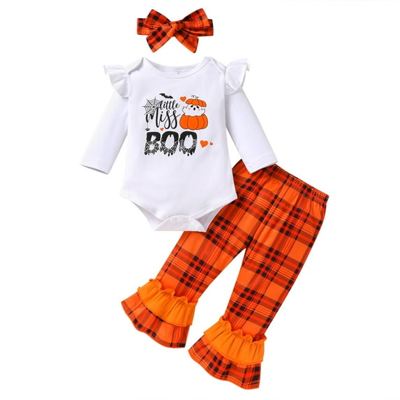 Younger Tree Baby Halloween Outfits Toddler Girl Long Sleeve Pumpkin Romper Top Pants with Headband Clothes Set for 6-12 Months