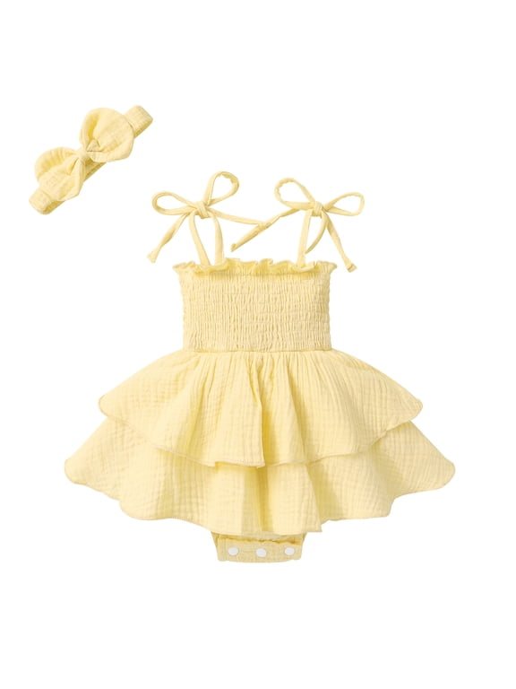 Baby Romper Dress Infant Summer Sleeveless Bodysuit Jumpsuit Outfits with Headband for 12-18 Months